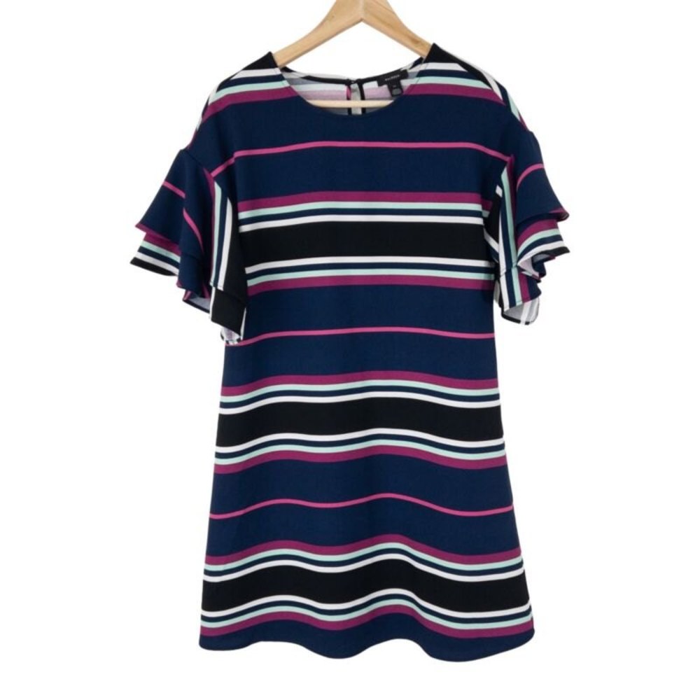 Halogen Dress Above Knee‎ Mini Stripes Ruffle Sleeve Back Small Key Hole Sz XS